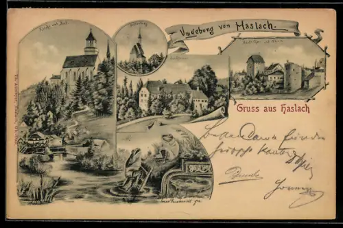 Lithographie Haslach, Hollerberg, Kirche und Bad, Frösche am Wasser