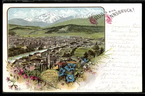 Lithographie Innsbruck, Panorama gegen Süden mit Bergpanorama
