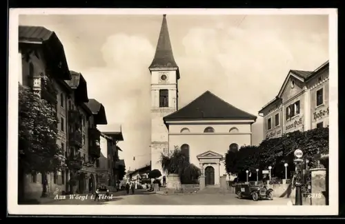 AK Wörgl i. Tirol, Gasthof zur neuen Post mit Kirche
