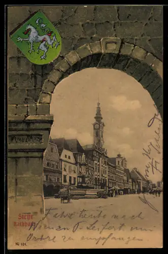 AK Steyr, Blick zum Rathaus, Wappen