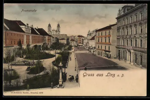 AK Linz a. D., Promenade mit Park und Kirche