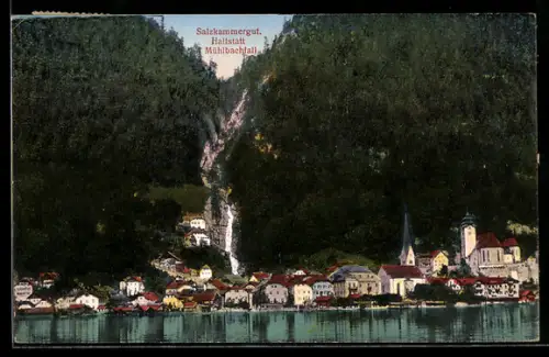 AK Hallstatt /Salzkammergut, Mühlbachfall, Ortsansicht am See