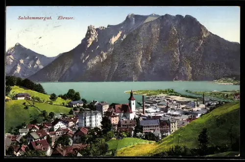 AK Ebensee /Salzkammergut, Panorama mit See, Ort und Kirche