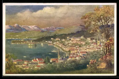 Künstler-AK Gmunden /Salzkammergut, Blick vom Weinberg auf See und Ort