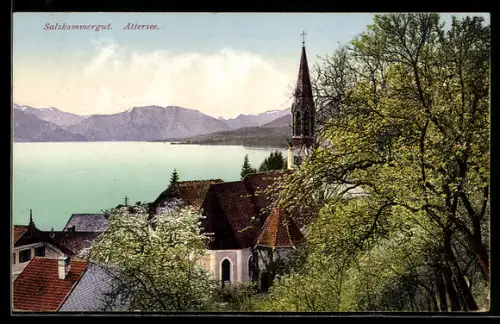AK Attersee /Salzkammergut, Teilansicht mit Kirche, See, Bergpanorama