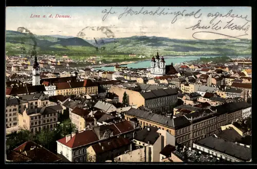 AK Linz a. d. Donau, Teilansicht mit Donau aus der Vogelschau