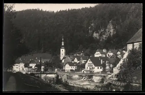Foto-AK Lauffen, Ansicht mit Fluss, Brücke und Kirche, 1925