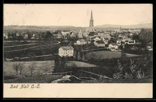 AK Bad Hall /O.Ö., Ortspanorama mit Kirche aus der Vogelschau