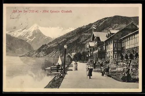AK Zell am See, Seepromenade mit Hotel Kaiserin Elisabeth und Bergpanorama