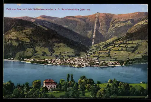 AK Zell am See, Gesamtansicht mit See und Seilschwebebahn an der Schmittenhöhe