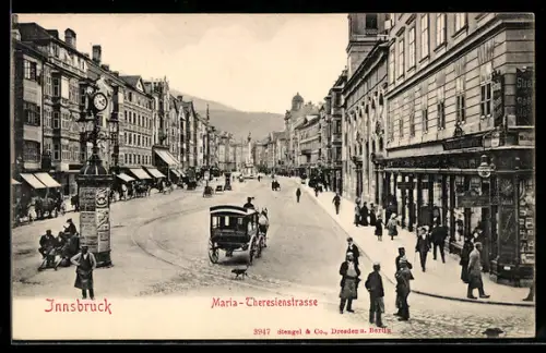 AK Innsbruck, Maria-theresienstrasse mit Geschäften und Litfasssäule