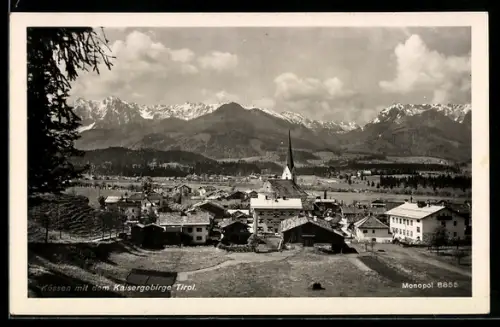 AK Kössen, Ortsansicht mit dem Kaisergebirge