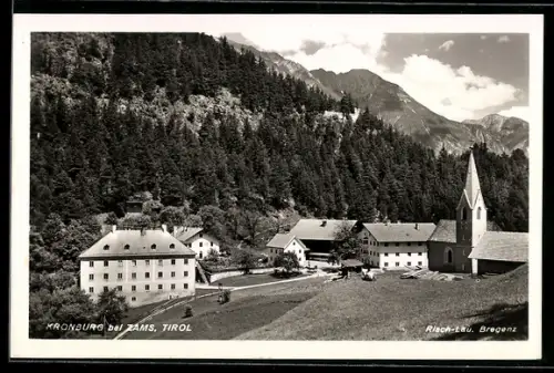 AK Zams /Tirol, Kronburg, Ortspartie mit Kirche