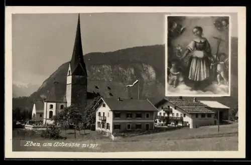 AK Eben am Achensee, Hotel und Kirche, Englein beschützen Frau
