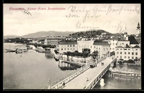 AK Gmunden, Ortsansicht mit Traunbrücke