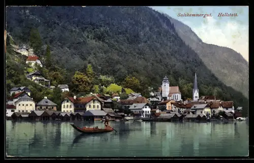 AK Hallstatt, Salzkammergut, Teilansicht mit Kirche