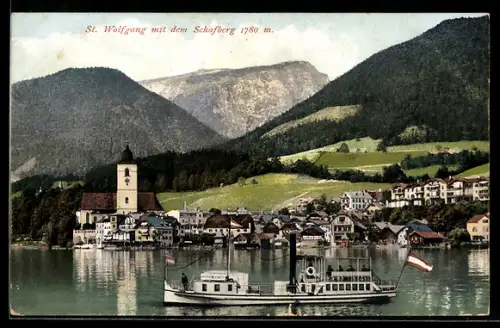 AK St. Wolfgang /Salzkammergut, Ortsansicht am See mit Kirche und Schafberg