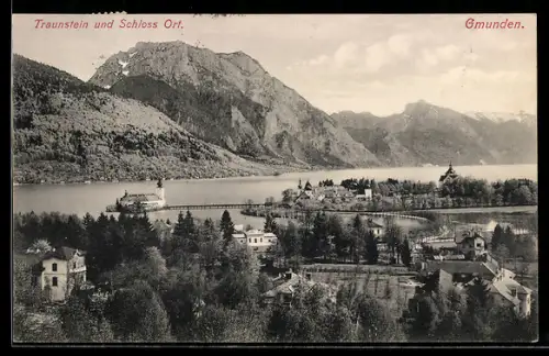 AK Gmunden, Schloss Ort mit Traunstein