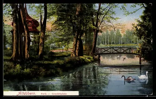 AK Altdöbern, Gondelplatz mit Brücke im Park