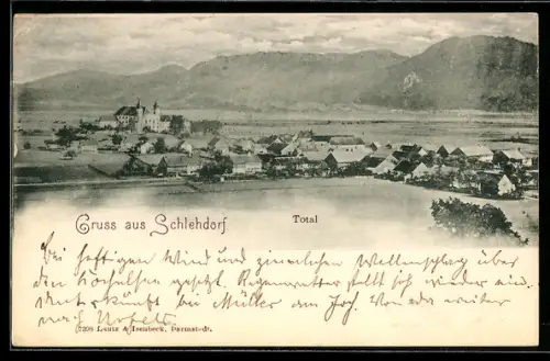 AK Schlehdorf, Gesamtansicht des Ortes mit Bergpanorama