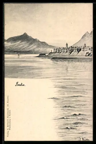 Künstler-AK Bastia, Küstenansicht mit Stadt