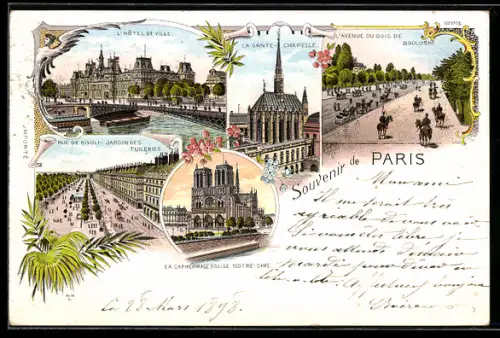 Lithographie Paris, L`Hotel de Ville, Rue de Rivoli, L`Avenue de Boulogne