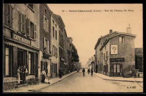AK Saint-Chamond /Loire, Rue du Champ du Geay, Cafe Mandon, Cafe Poncet