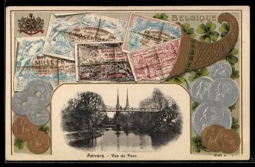 Künstler-AK Anvers, Vue du Parc, Mille Francs, Cinquante Francs, Cinq Cents Francs