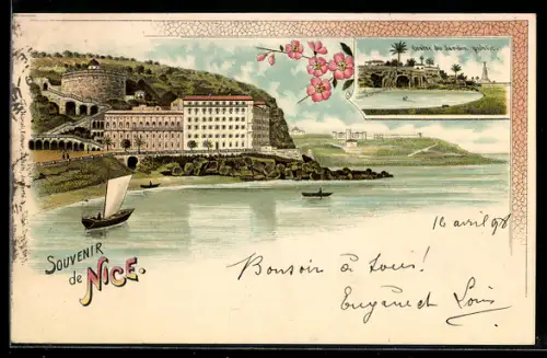 Lithographie Nice, Grotte du Jardin Public, Vue panoramique