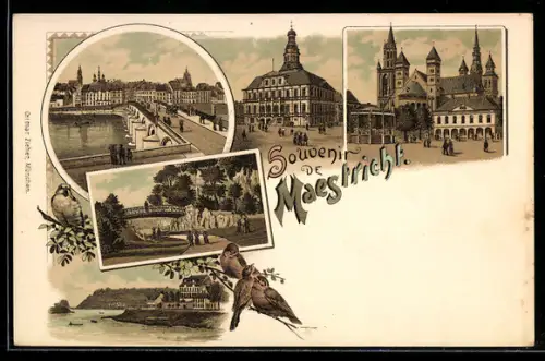 Lithographie Maestricht, Brücke, Rathaus, Kirche und Park