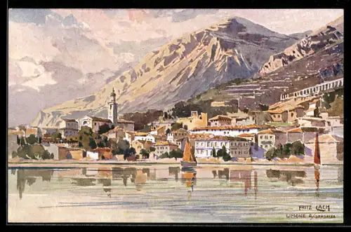 Künstler-AK Fritz Lach: Limone, Blick vom Gardasee auf den Ort