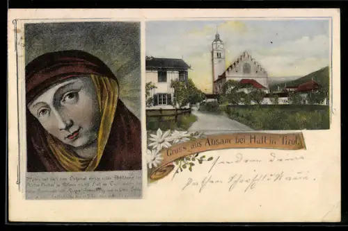 Künstler-AK Absam bei Hall, Ortspartie mit Kirche, Maria