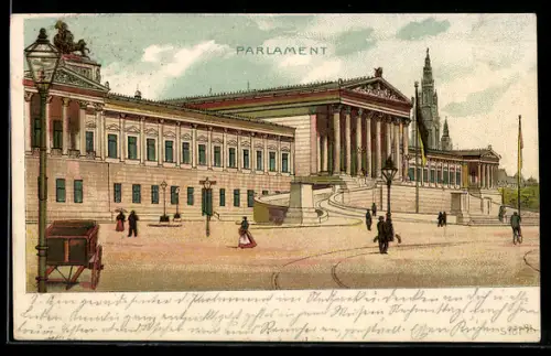 Lithographie Wien, Das Parlament mit Strasse und Einfahrt