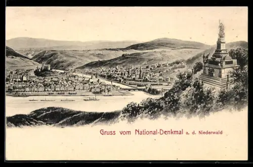 Künstler-AK Eugen Felle: Niederwald, National-Denkmal mit Blick zum Ort
