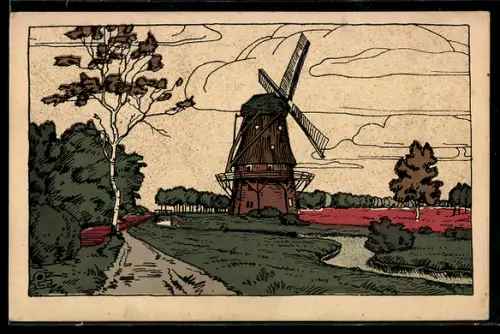 Steindruck-AK Lüneburger Heide, Windmühle am Mühlenbach