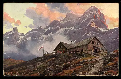 Künstler-AK R. Reschreiter: Memminger Hütte, Blick den Hang hinauf zur Berghütte am Unteren Seebisee