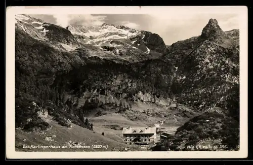 AK Kärlingerhaus, Blick auf die Berghütte am Funtensee hinab