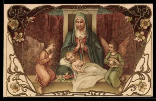 AK Das Jesuskind im Kreise von Engeln und seiner Mutter Maria