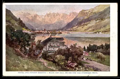Künstler-AK Zell am See, Ortsansicht und Steinernes Meer