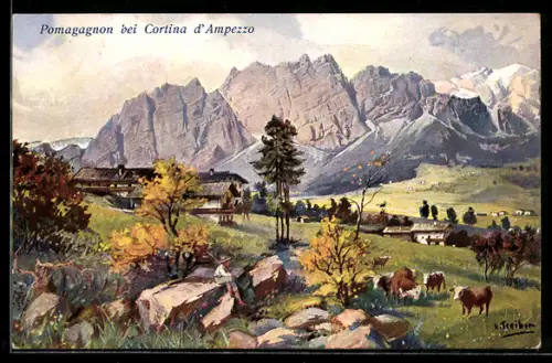Künstler-AK Pomagagnon, Blick zum Berg, Kühe