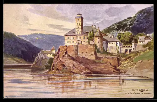 Künstler-AK Fritz Lach: Schönbühel an der Donau, Blick zum Ort u. d. Burgruine an der Donau