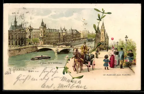 Lithographie Paris, Le Marche aux Fleurs et le Quai de l`Horloge