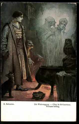 Künstler-AK S. Solomko: Die Wahrsagung, Hexe, Geister, Hellseherin