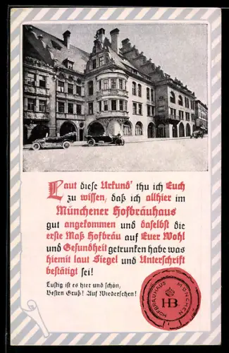 Passepartout-AK München, Münchner Hofbräuhaus, Urkunde mit Siegel