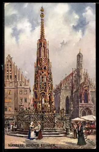 Künstler-AK Charles F. Flower: Nürnberg, Schöner Brunnen mit Marktständen