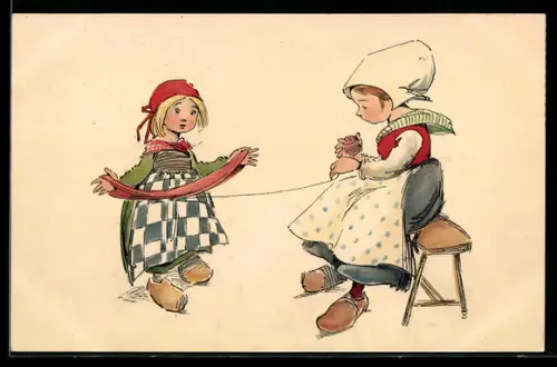 Lithographie Kleine Niederländerinnen mit Wolle