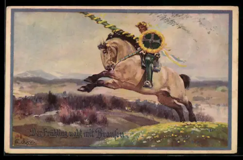 Künstler-AK Franz Jung-Ilsenheim: Der Frühling naht mit Brausen, Reiter mit Lanze und Schild