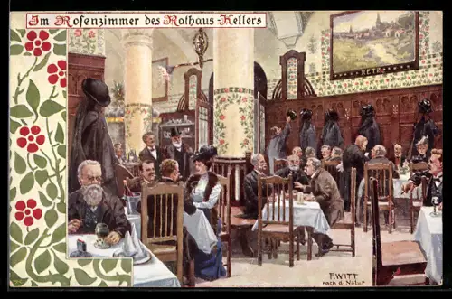 Künstler-AK F. Witt: Im Rosenzimmer des Rathaus-Kellers