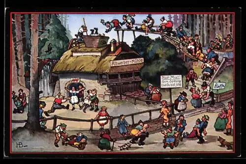 Künstler-AK Hans Boettcher: Paare an der Altweiber-Mühle