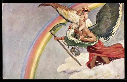 AK Allegorie Altes und neues Jahr neben einem Regenbogen auf einer Wolke stehend
